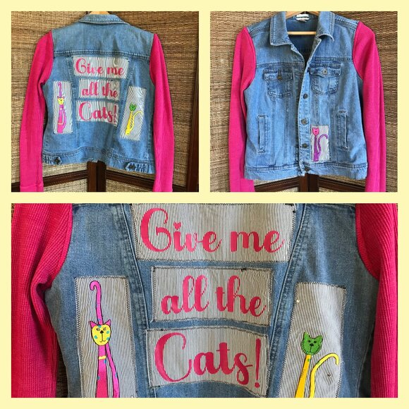 Upcycled Jean Jacket, Size Small: Patchwork Cat Graphics, Waffle Knit Sleeves - Picture 12 of 12